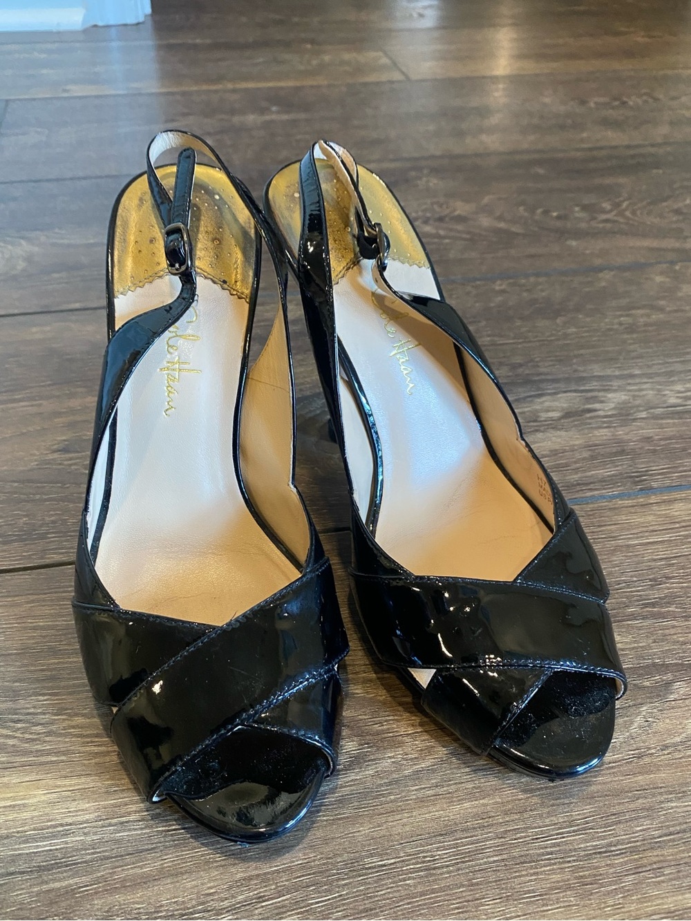 Iconic Black Patent Slingback Peep-Toe Heels